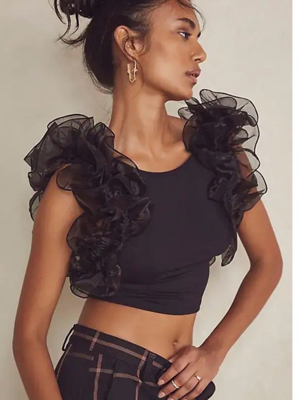 NWOT Free People Black Ruffle Organza Sleeve Crop Top